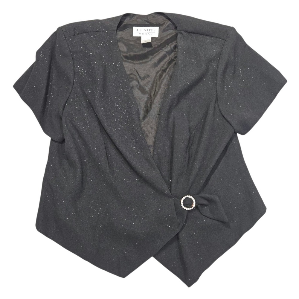 Vintage J.R. Nites Woman Blazer Top 20W Black Shimmer Rhinestone Ring Accent USA